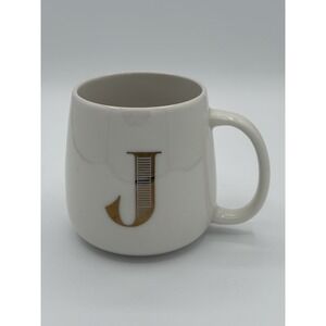 Gold J Monogram Letter Stoneware Mug Cup Unbranded Double Sided Design